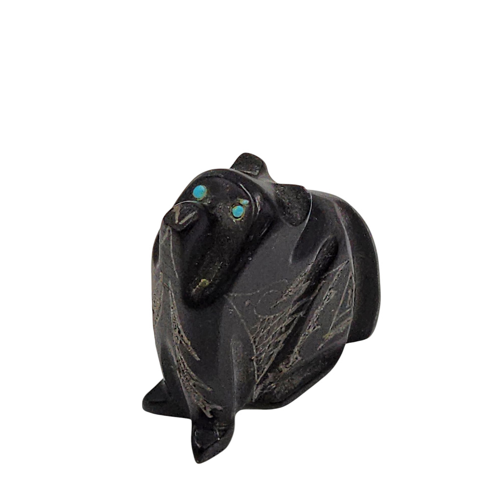 Native American Zuni Black Marble Bear Fetish Carved Stone Signed Turquoise - Picture 10 of 16